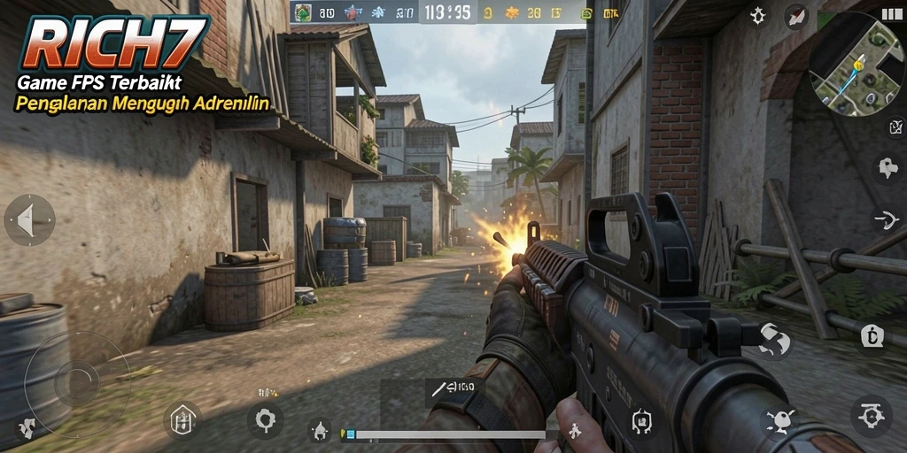 Tampilan gameplay intens di RICH7, menampilkan aksi tembak-menembak.